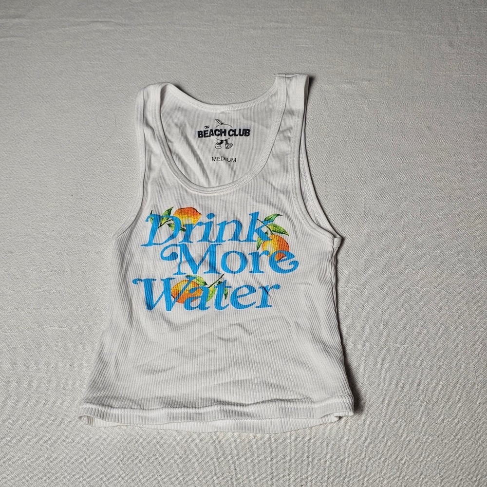 The Beach Club Drink More Water Ribbed Tank Top White Medium Graphic Tee